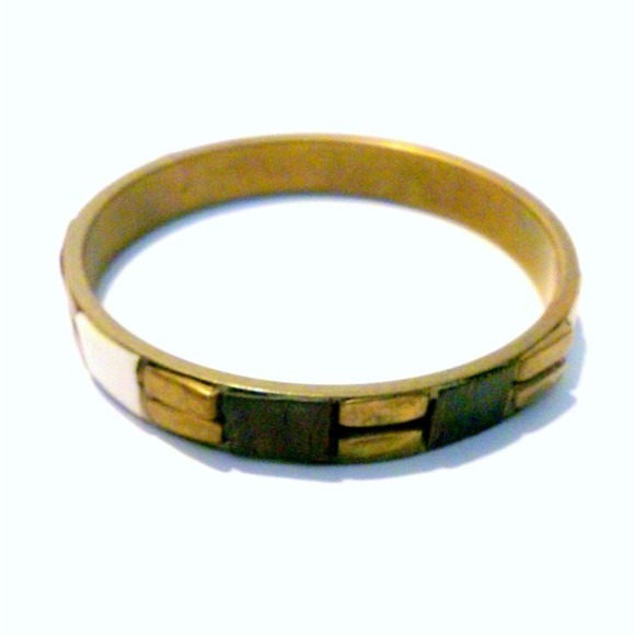 Vintage Boho Inspired Wood and Bone Inset Brass Bangle - Picture 2 of 4